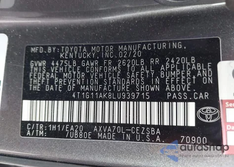 2020 Toyota Camry Se from USA, damaged, VIN 4T1G11AK8LU939715